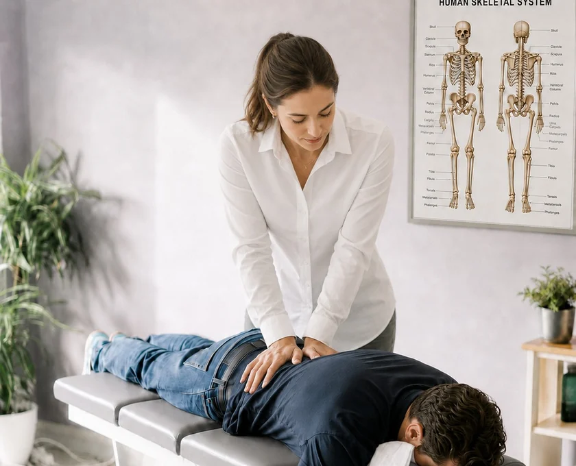 A chiropractor delivering an adjustment to a patient lying on a treatment bench