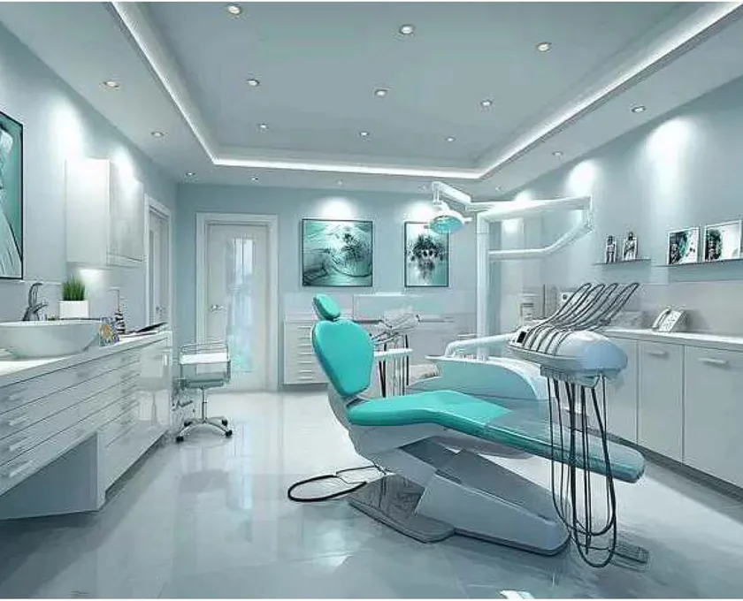 A dental operatory — treatment chair, delivery unit and overhead light
