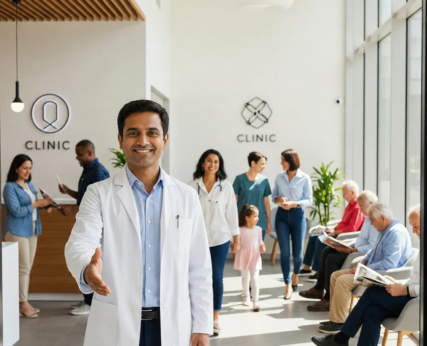 The reception hall of a busy medical clinic, with patients waiting and clinicians on the floor