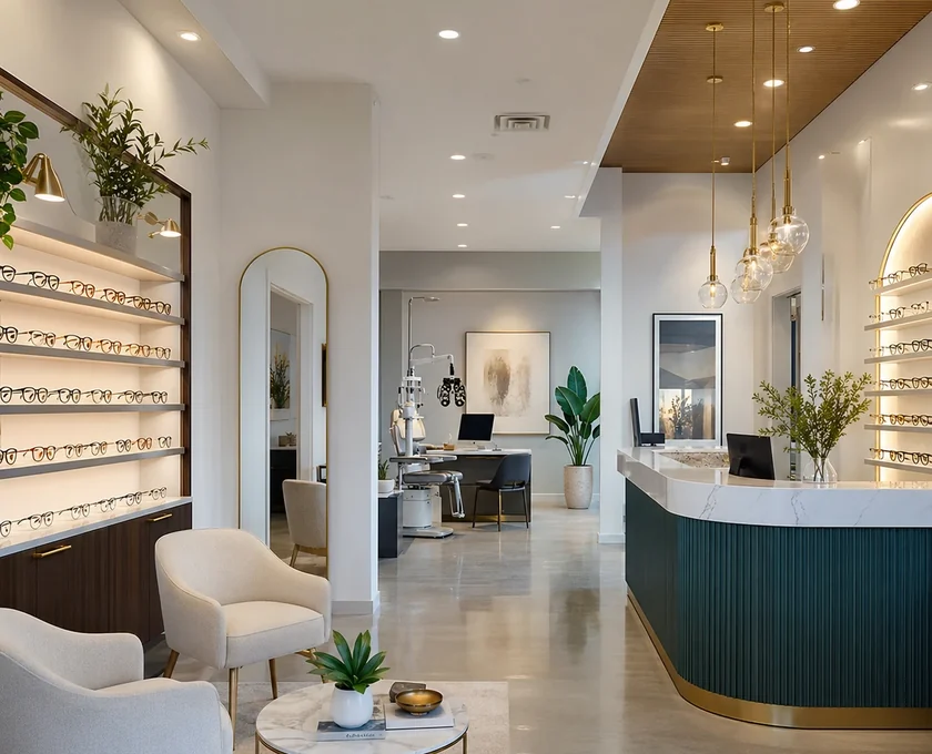 The dispensary and reception of an optometry practice, with the exam room beyond