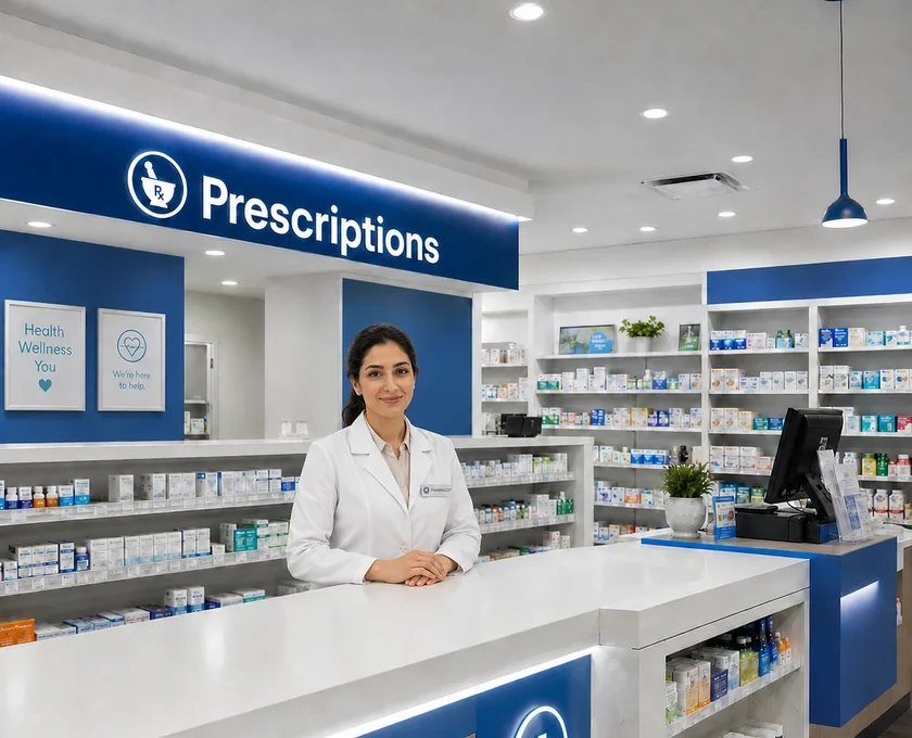 A pharmacist behind the dispensing counter of a community pharmacy
