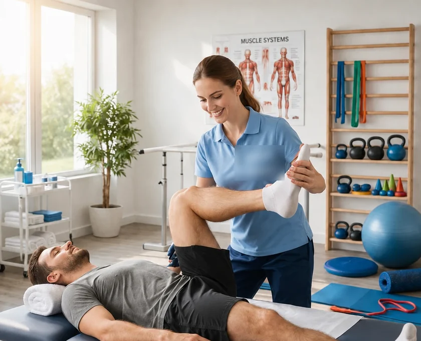 A physiotherapist taking a patient through a knee movement on a treatment table