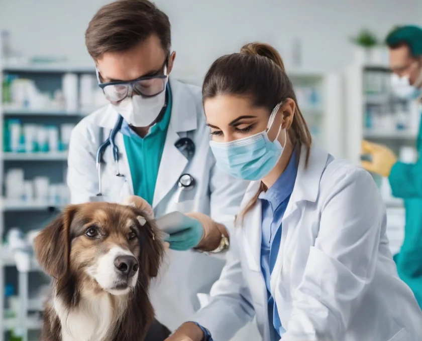 Two veterinarians examining a dog on the table of a treatment room
